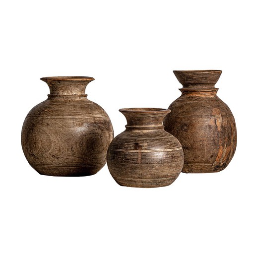 Conjunto de 3 vasos de madeira de mangueira natural, 26x26x29 cm.