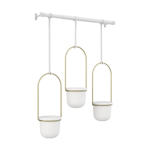 Set of 3 hanging white and gold polymer planters, 64 x 15 x 110 cm | triflora