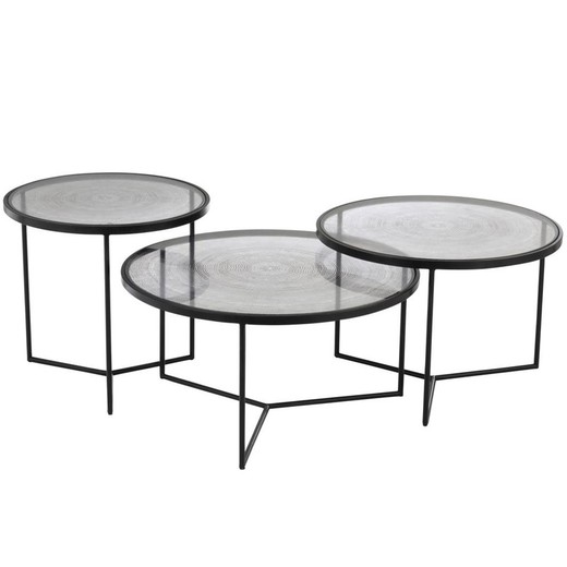 Set di 3 tavolini rotondi in metallo / vetro nero