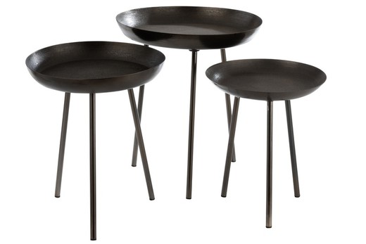 Set of 3 Dark Gray Round Metal Tray Side Tables, Ø52x58 cm