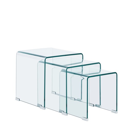 Set of 3 transparent/silver glass and metal side tables, 45 x 45 x 45 cm | glass