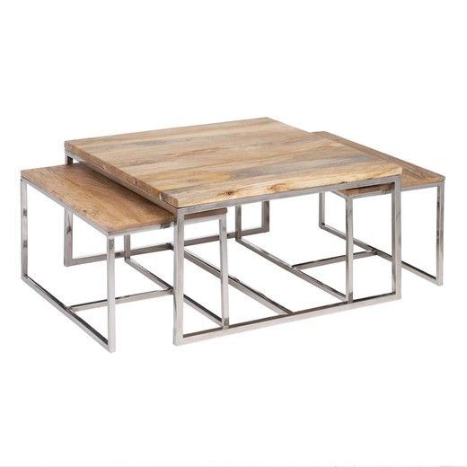 Set of 3 mango wood tables in natural and silver, 70 x 70 x 41 cm