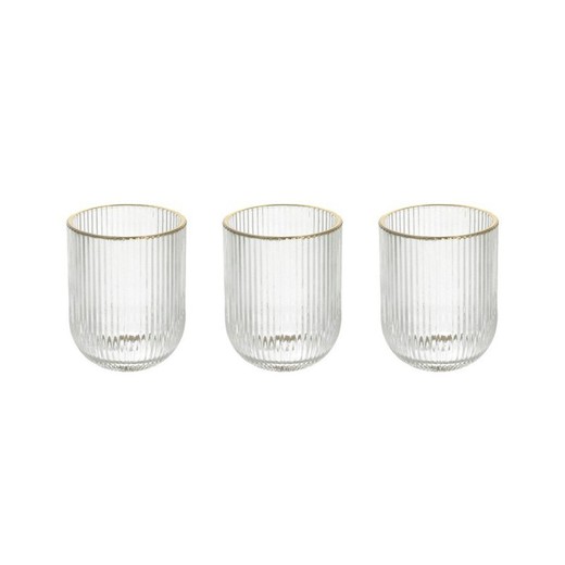 Set de 3 vasos de cristal en transparente y oro, 7,5 x 7,5 x 10 cm | Eclipse