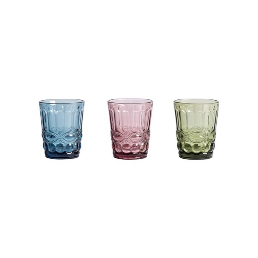 Set de 3 vasos de cristal en azul, verde y rosa, Ø8x10cm | Thymus