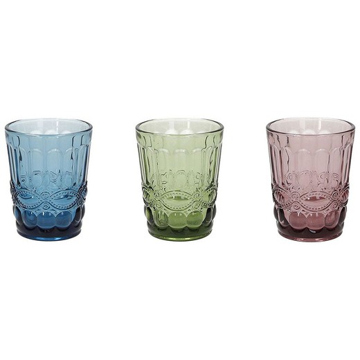 Zestaw 3 szklanych szklanek w kolorze niebieskim, zielonym i fioletowym, Ø 8 x 10 cm | Szanowna Pani