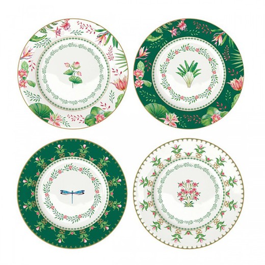 Ensemble de 4 assiettes à dessert en porcelaine multicolore | botanique