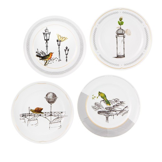 Set van 4 veelkleurige porseleinen dessertbordjes, Ø 21,6 x 2,6 cm | Kleine geschiedenissen