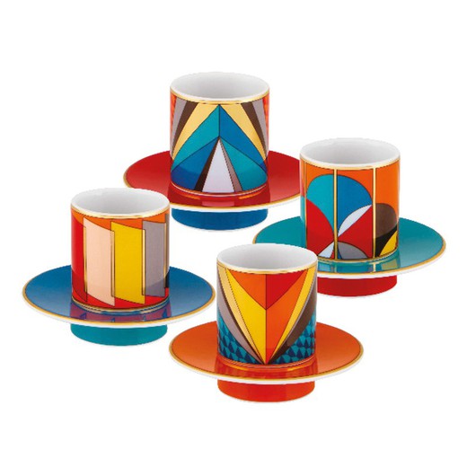 Set van 4 veelkleurige porseleinen koffiekopjes en schotels, Ø 9,9 x 5 cm | futurisme