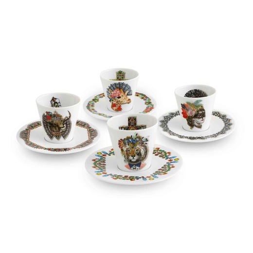 Set van 4 veelkleurige porseleinen koffiekopjes met schotel, Ø 12,5 x 6,8 cm | Houd van wie je wilt