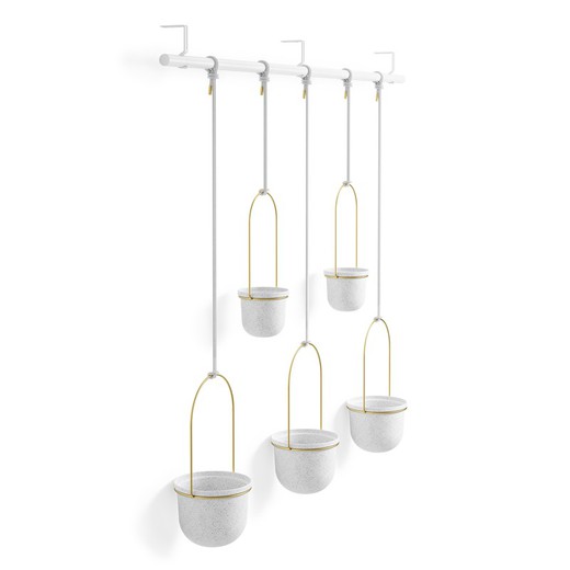 Set of 5 hanging white and gold polymer planters, 138 x 18 x 95 cm | triflora