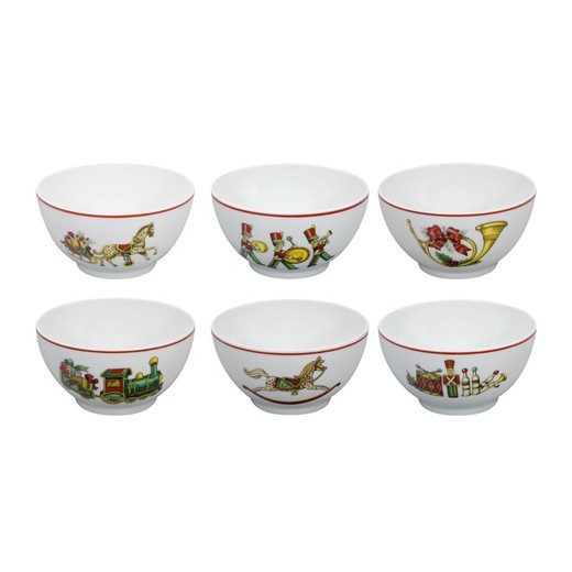Set of 6 white, green and red porcelain bowls, Ø 12.6 x 6.9 cm | christmas magic