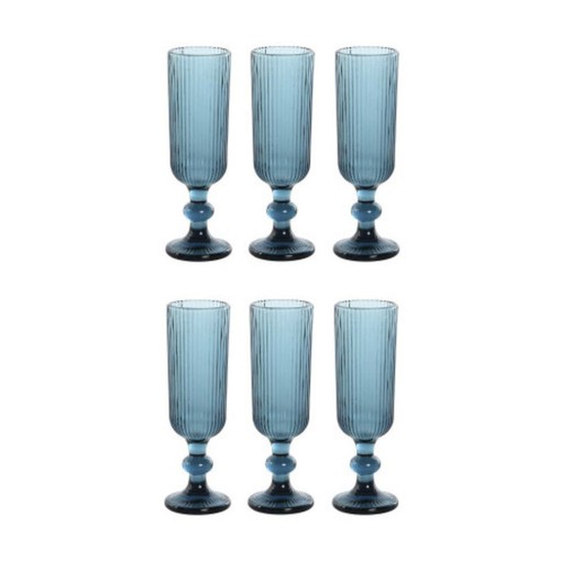 Set of 6 crystal flute glasses in blue, 6 x 6 x 18.5 cm | Lines