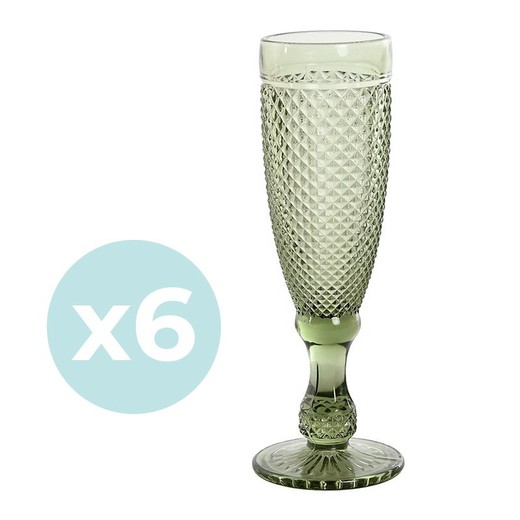 Set of 6 green crystal flute glasses, Ø 7 x 20 cm | Da Gama