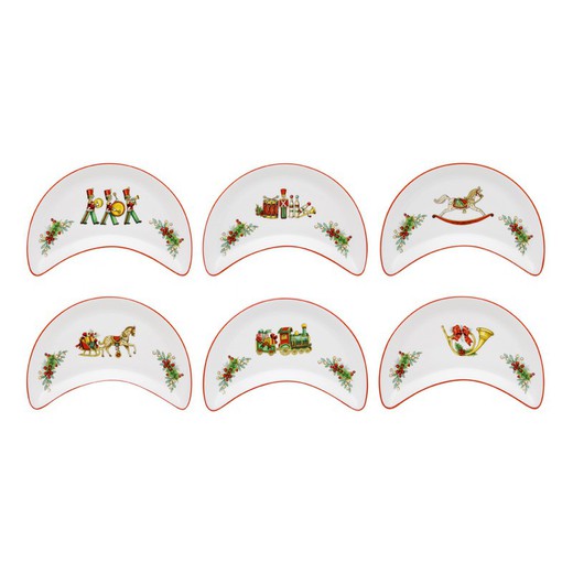Set of 6 white, green and red porcelain salad plates, 21.4 x 11 x 2 cm | christmas magic