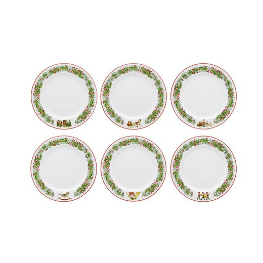 Set of 6 white, green and red porcelain bread plates, Ø 17.1 x 1.9 cm | christmas magic