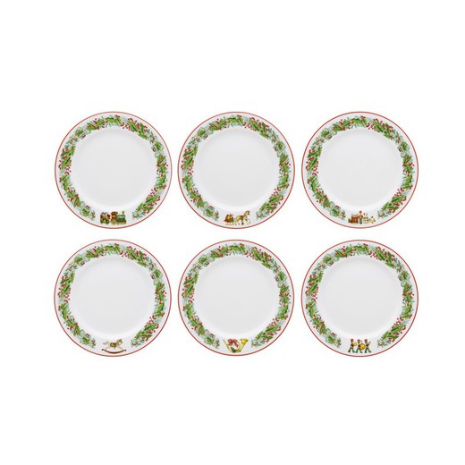 Zestaw 6 talerzy deserowych z białej, zielonej i czerwonej porcelany, Ø 20,8 x 2,3 cm | magia świąt