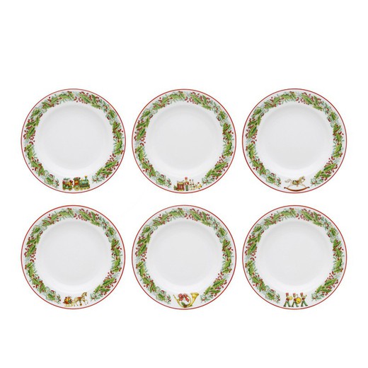 Zestaw 6 białych, zielonych i czerwonych porcelanowych talerzy do zupy, Ø 22,8 x 3,6 cm | magia świąt
