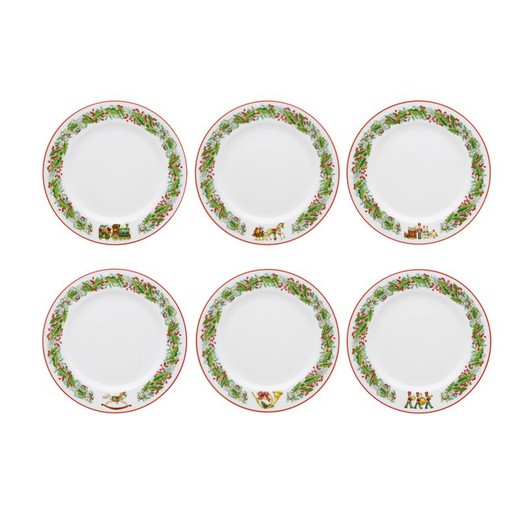 Set of 6 white, green and red porcelain dinner plates, Ø 26.6 x 2.4 cm | christmas magic
