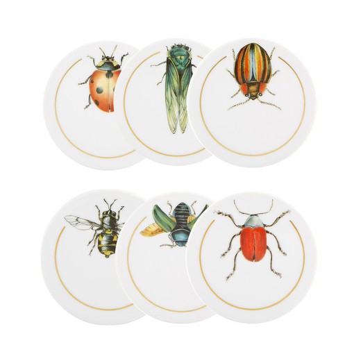 Sæt med 6 flerfarvede porcelænsunderlag, Ø 8,7 x 0,5 cm | insekter