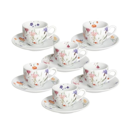 Set of 6 multicolour porcelain coffee cups with saucer | Flora