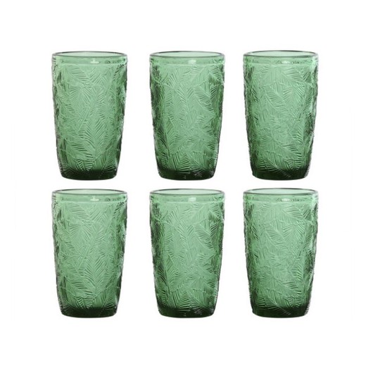 Set of 6 tall glass glasses in green, 8 x 8 x 13 cm | Leaves