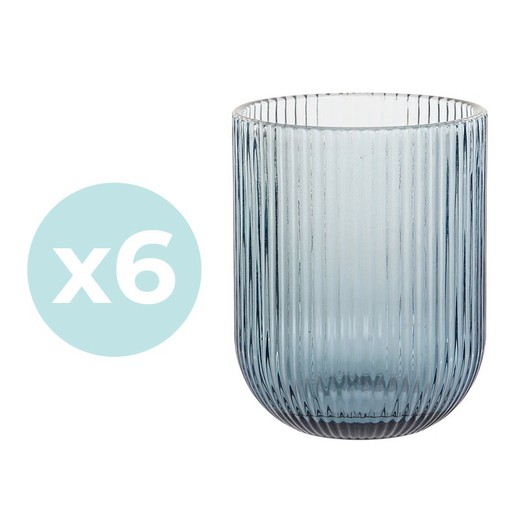 Set of 6 glass glasses in blue, Ø 8 x 10 cm | lines