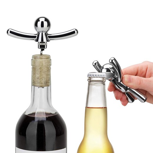 Chrome stainless steel bottle opener and corkscrew set, 10 x 11 x 2 cm | Buddy