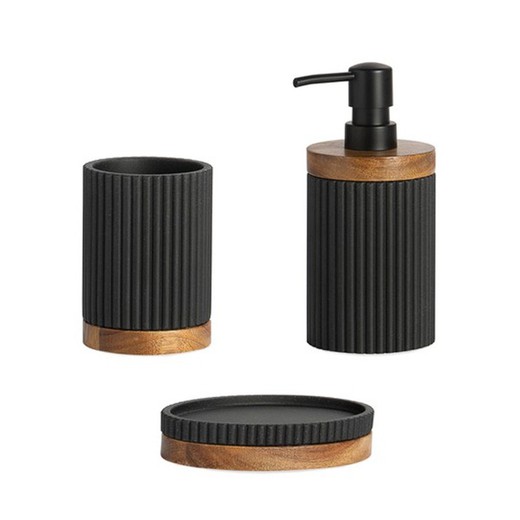 3-teiliges Badezimmerset aus schwarzem Polyresin und natürlichem Akazienholz | Gestreift