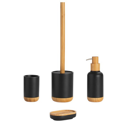 Ensemble de salle de bain en polyrésine noire et bambou, 4 pièces