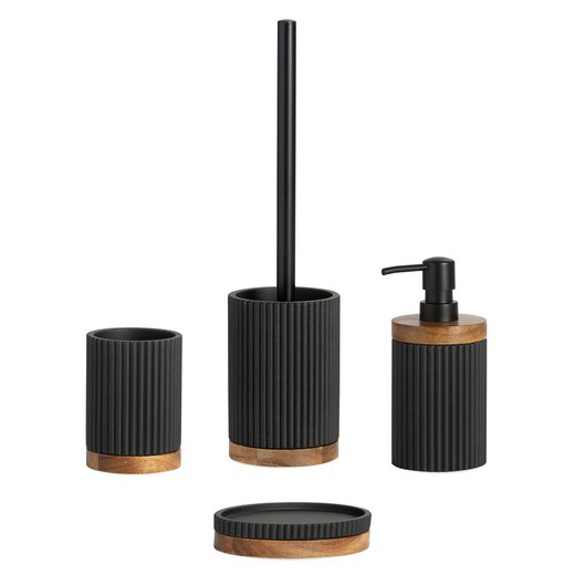 4-piece polyresin and acacia bathroom set in black and natural | Stripes