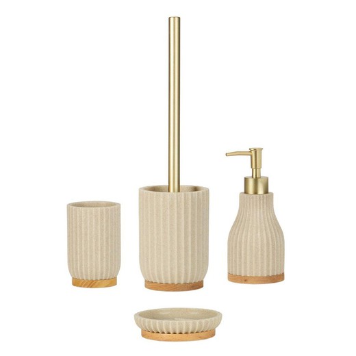 Beige polyresin and wood bathroom set, 4 pieces | Shell