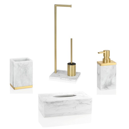 Set de baño efecto mármol blanco y dorado, 4 piezas