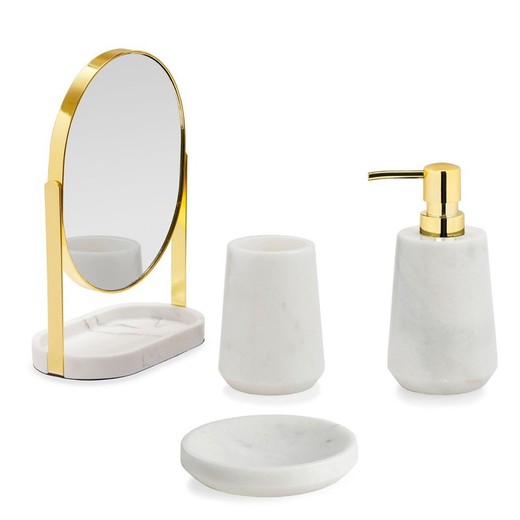 Wit marmeren badkamerset met spiegel, 4 stuks