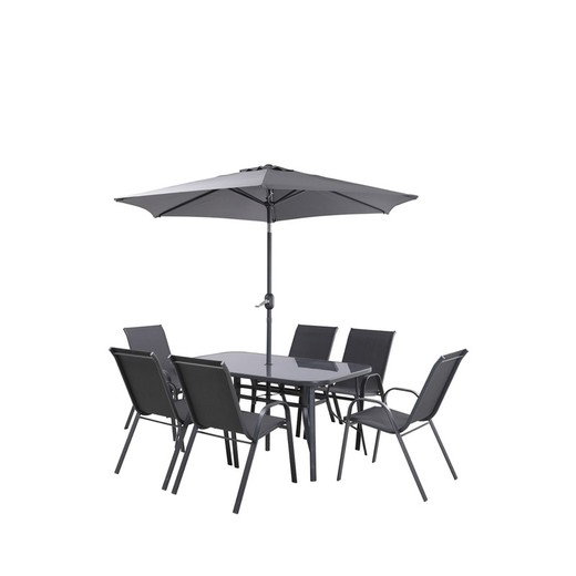 Ensemble de repas d'extérieur en acier avec 6 fauteuils, table et parasol Sormiou noir