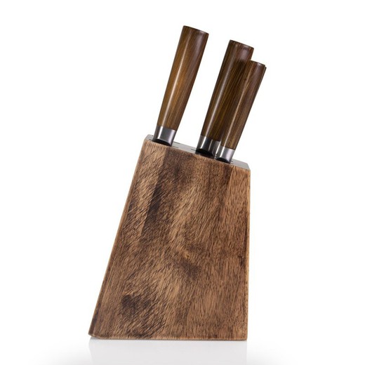 Stainless steel kitchen knife set in natural and silver, 22 x 8.6 x 36 cm | Walnut