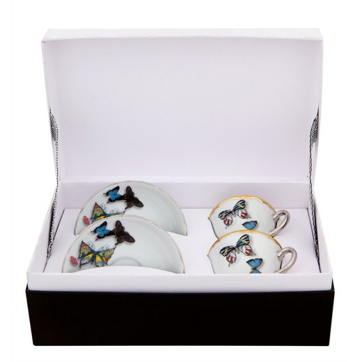 Set of 2 multicolored porcelain coffee cups with saucer, Ø 10.9 x 5.2 cm | butterfly parade