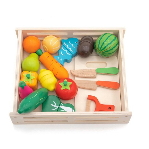 Set de juguetes de cocina montessori de pino en natural y multicolor, 29 x 24 x 6,7 cm | Eco Fruit
