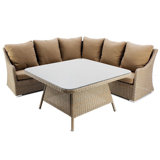 Conjunto comedor jardín sofá modular esquinero y mesa ratán / cristal