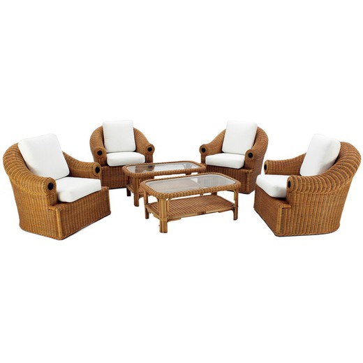 Terrace set with 4 armchairs and Rattan natural Regency table