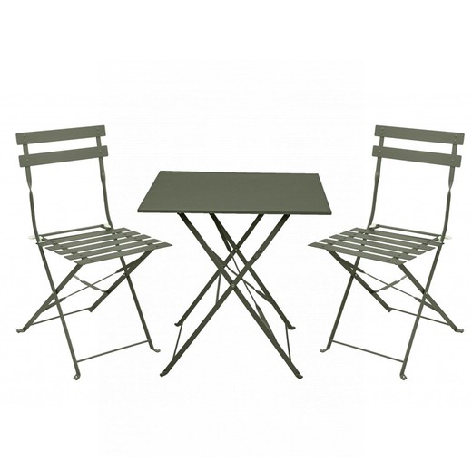 Terrasset 1 vierkante tafel en 2 kakigroene stoelen