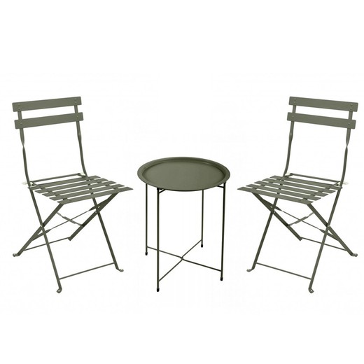 Ensemble de terrasse 1 table ronde et 2 chaises vert kaki