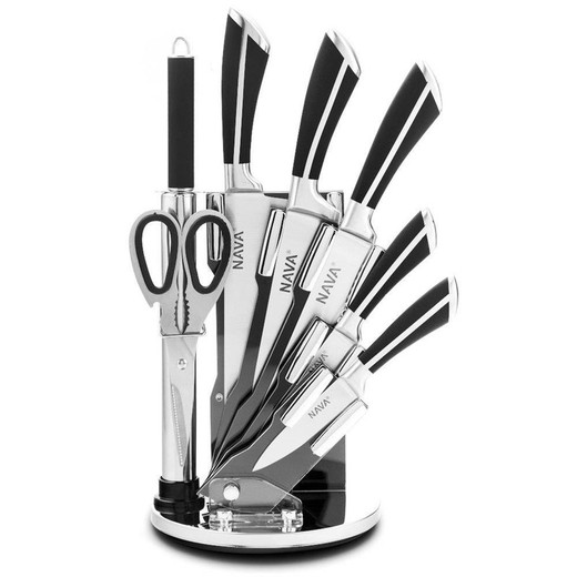 Stainless steel kitchen utensil set in silver and black, 23 x 18 x 38 cm | Booth