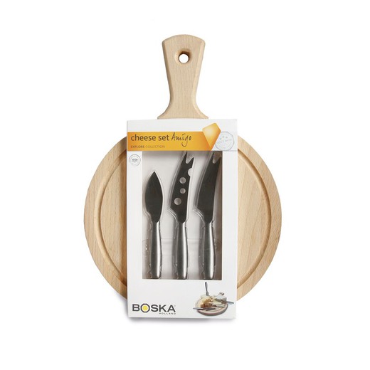 Round cheese set wood and natural steel and silver, 33.5x23.8x3 cm