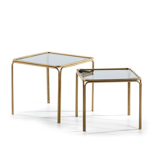 Set / 2 Table d'appoint 51x51x47 / 46x46x41 Cristal fumé / Métal doré