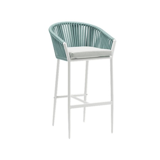 Silla alta con brazos para exterior de aluminio y cuerda de olefina en blanco y aqua, 57 x 56 x 105 cm | Ukiah