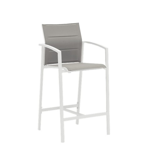 Silla alta con brazos para exterior de aluminio y textilene en blanco y gris, 57 x 61,5 x 112,5 cm | Orick