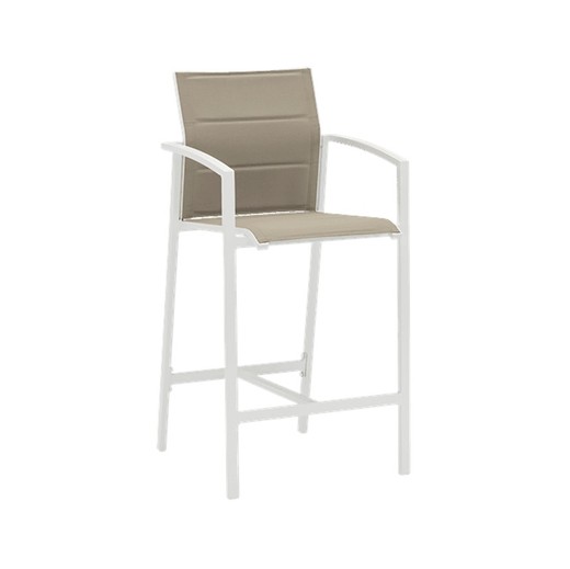 Silla alta con brazos para exterior de aluminio y textilene en blanco y topo, 57 x 61,5 x 112,5 cm | Orick