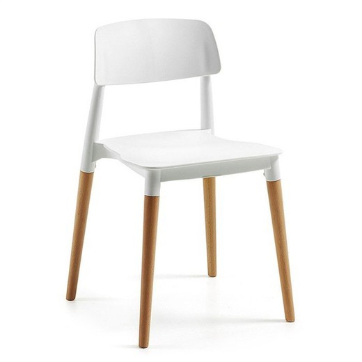 Stackable chair in white polypropylene and wooden legs 42 x 47 x 76 cm