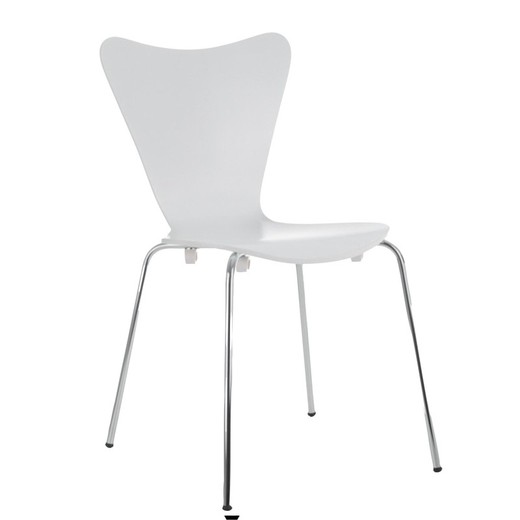 Stackable white lacquered chair and chrome legs, 43 x 52 x 84 cm