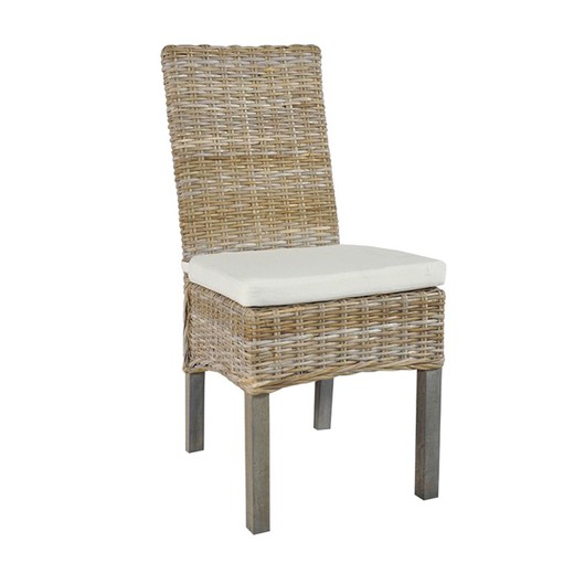 Delia Kubu Chair with Cushion in Grey/Beige Rattan and Wood, 44x60x92 cm